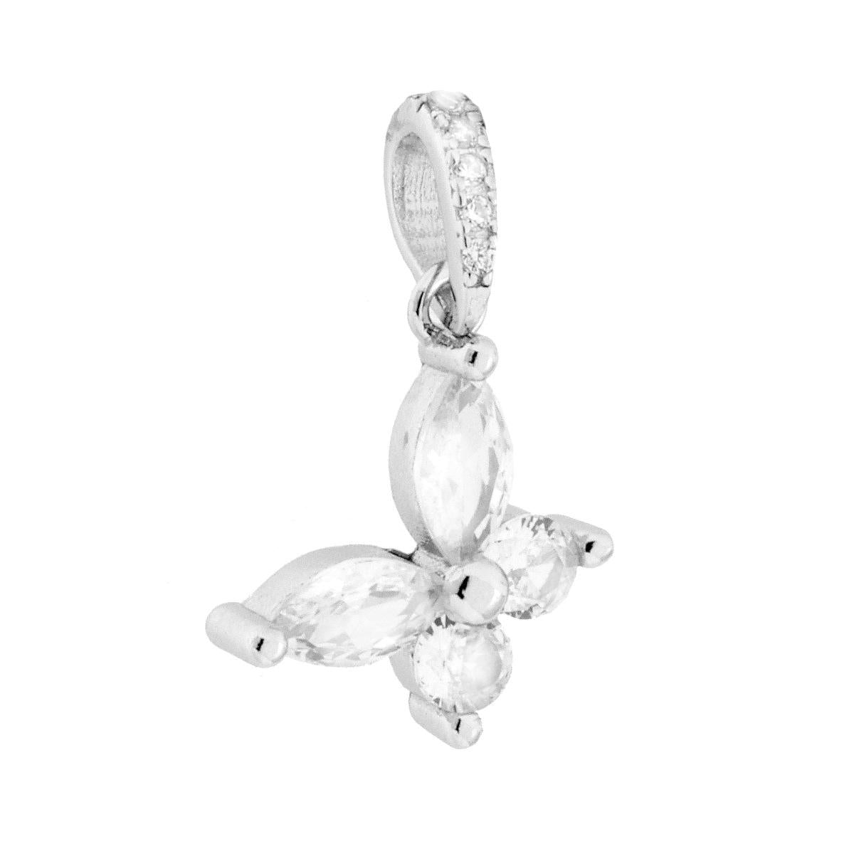 Ciondolo a forma di farfalla con cubic zirconia taglio marquise colore bianco montati su 2 Griffe.<BR>Cubic zirconia bianchi montati su contromaglia.