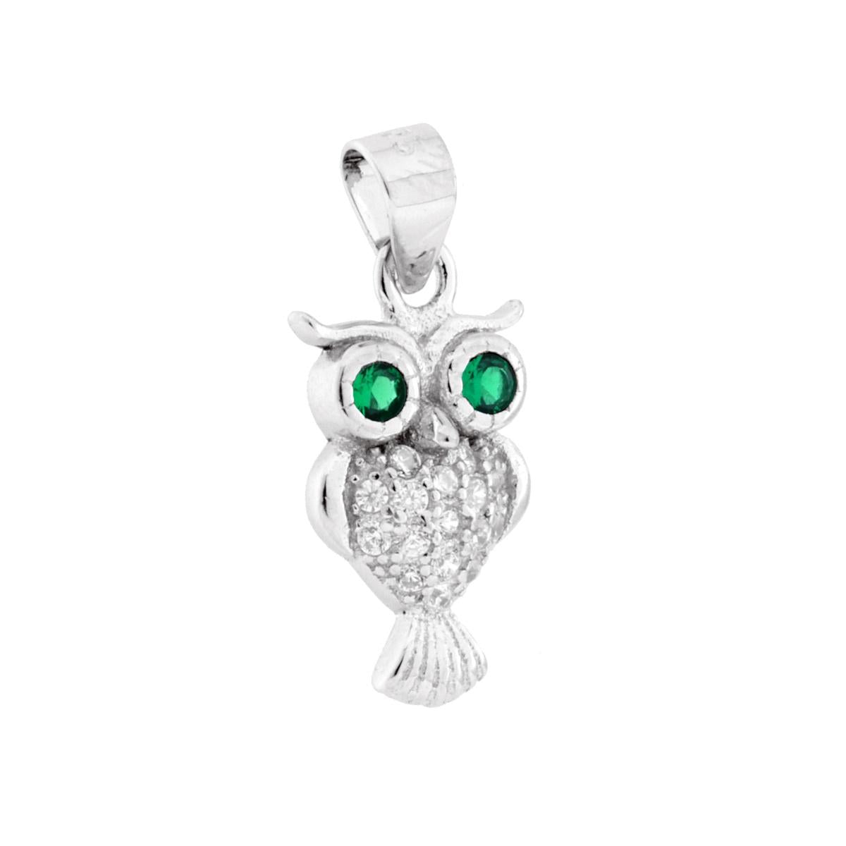 Ciondolo a forma di gufo con cubic zirconia colore bianco e verde smeraldo incastonati.<BR>