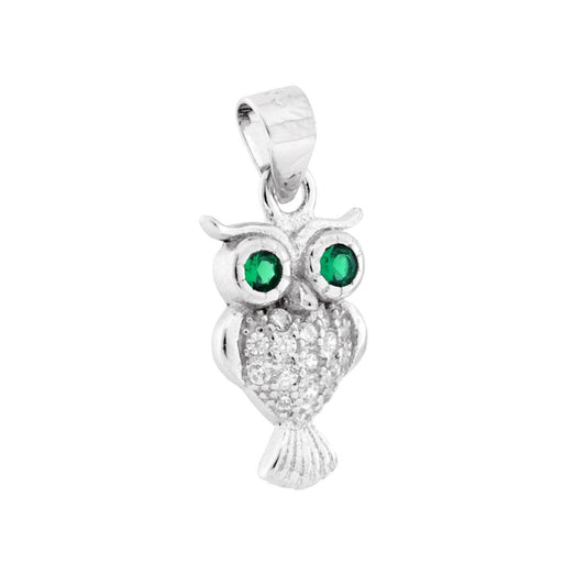 Ciondolo a forma di gufo con cubic zirconia colore bianco e verde smeraldo incastonati.<BR>