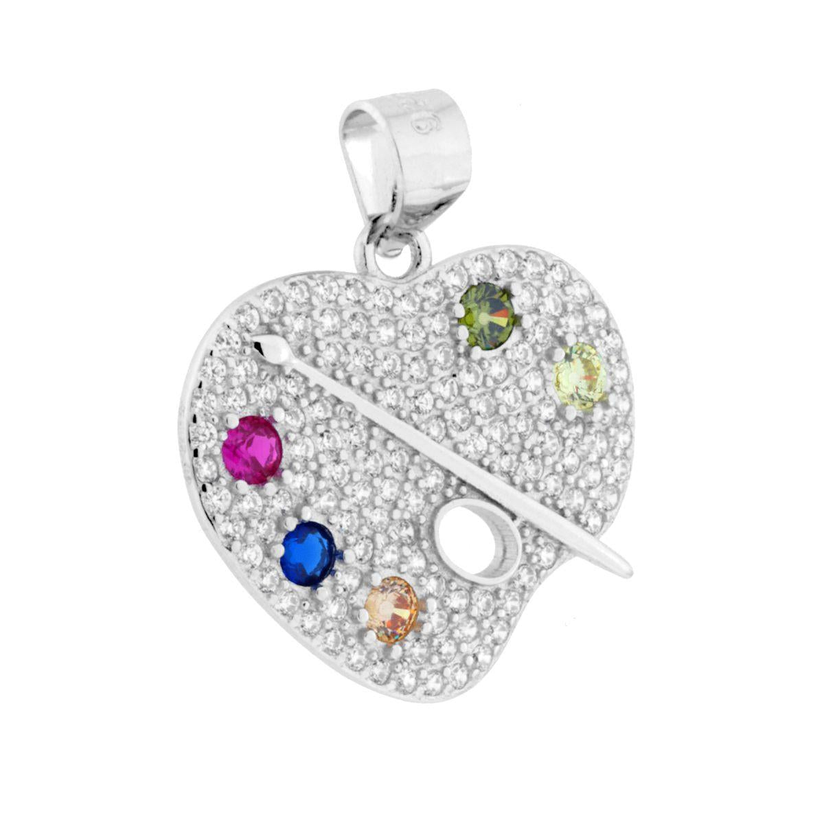 Ciondolo forma di cuore e tavolozza del pittore con cubic zirconia bianchi e multicolor incastonati.