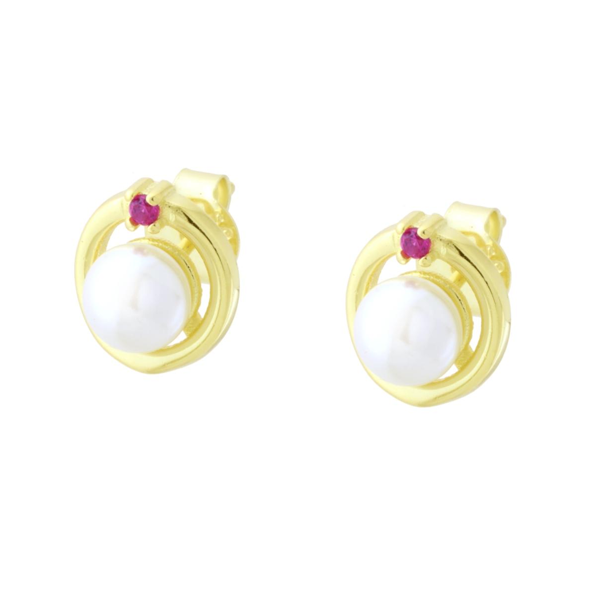 Orecchini Cerchio con Perla Naturale e Cubic Zirconia Rosso Rubino in ARGENTO 925 Galvanica Oro