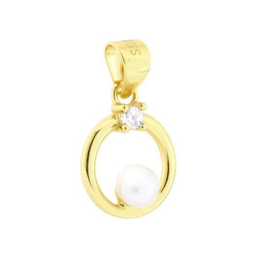 Ciondolo a forma di cerchio liscio e lucido con cubic zirconia bianco e perla bianca naturale di fiume in centro.