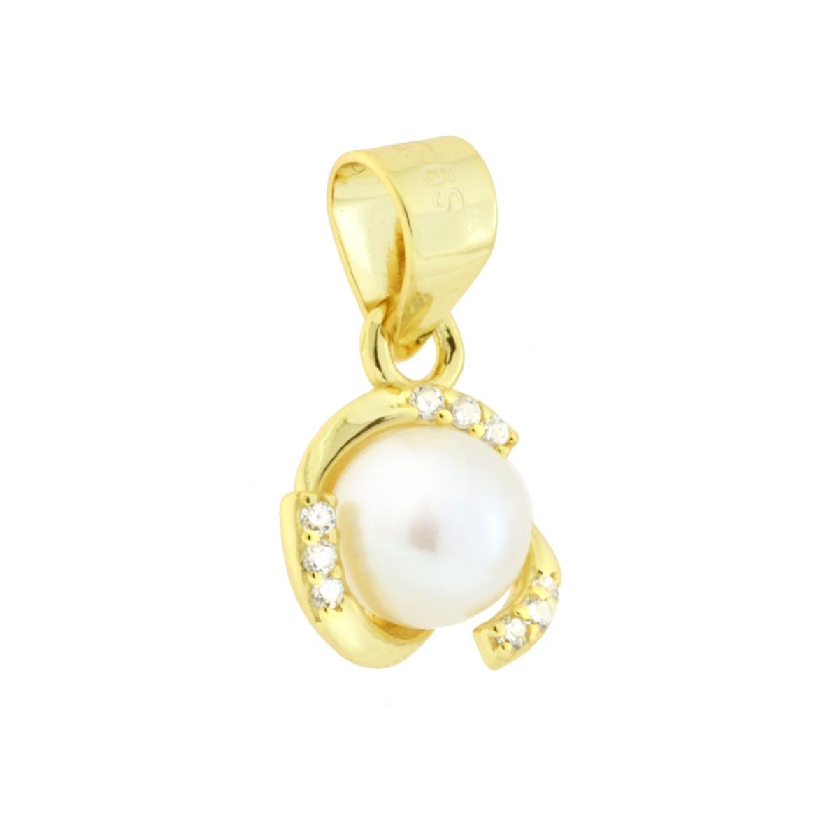 Ciondolo a forma di vortice con cubic zirconia bianchi incastonati e perla bianca naturale di fiume in centro.<BR>