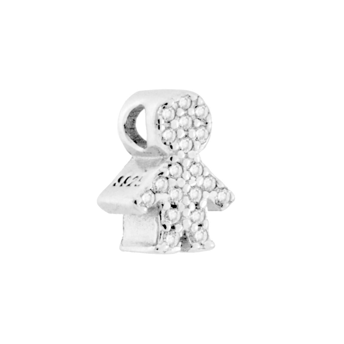 Ciondolo con passante per catena a forma di bimbo con cubic zirconia bianchi incastonati.