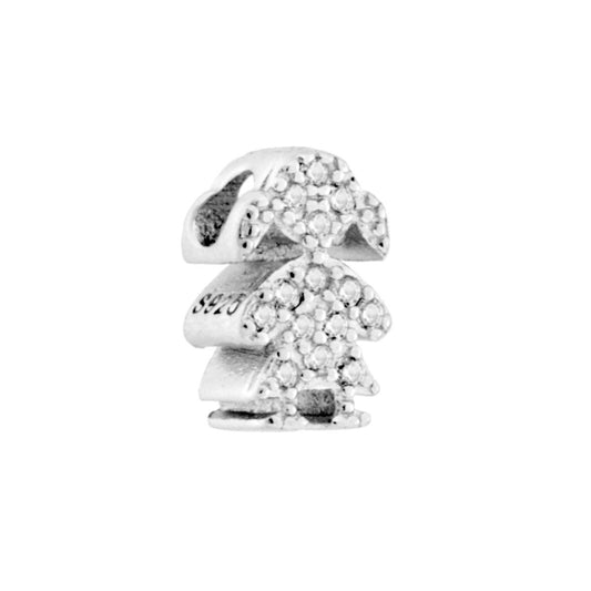 Ciondolo con passante per catena a forma di bimba con cubic zirconia bianchi incastonati.