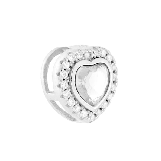 Ciondolo con passante per catena a forma di cuore bianco con cubic zirconia bianchi incastonati intorno.<BR>