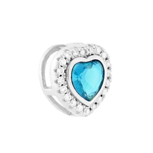 Ciondolo con passante per catena a forma di cuore colore acquamarina con cubic zirconia bianchi incastonati intorno.<BR>