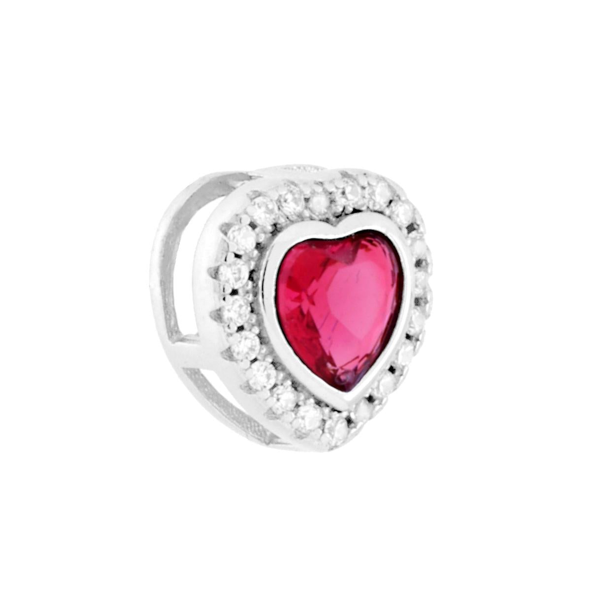 Ciondolo con passante per catena a forma di cuore colore Rosso Rubino con cubic zirconia bianchi incastonati intorno.