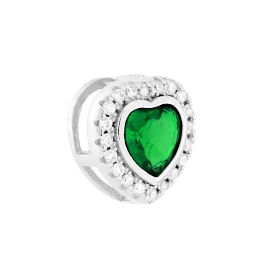 Ciondolo con passante per catena a forma di cuore colore Verde Smeraldo con cubic zirconia bianchi incastonati intorno.<BR>