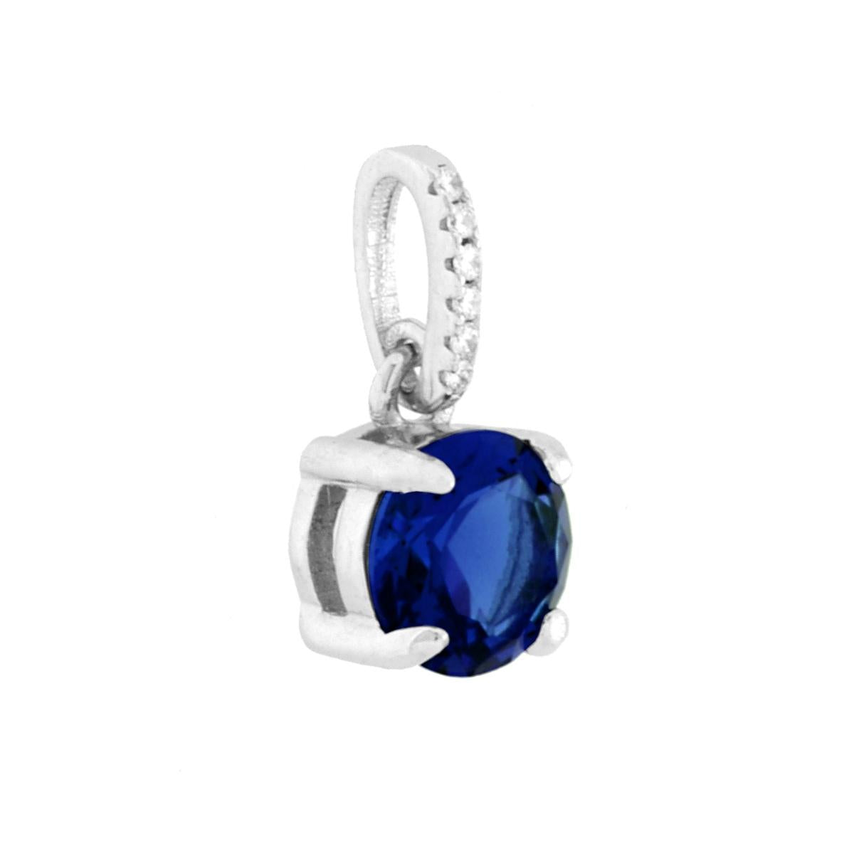 Ciondolo punto luce colore Blu Zaffiro montato su 4 Griffe e cubic zirconia bianchi incastonati su contromaglia.