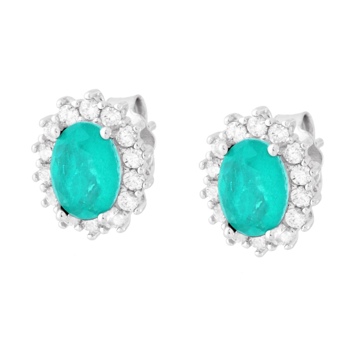 Orecchini Ovale Pietra Naturale Tormalina Paraiba contornati da Cubic Zirconia Bianchi in ARGENTO 925 Galvanica Rodio