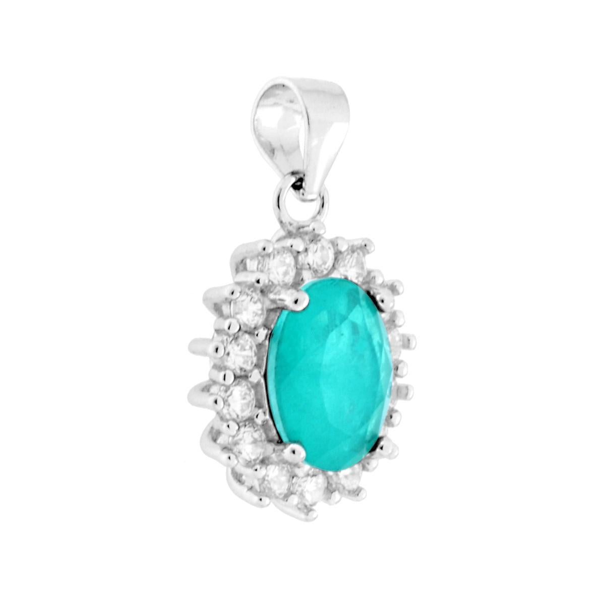 Ciondolo con Pietra Naturale Tormalina Paraiba ovale con cubic zirconia bianchi incastonati intorno.