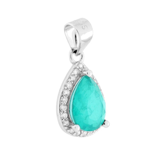 Ciondolo con Pietra Naturale Tormalina Paraiba goccia con cubic zirconia bianchi incastonati intorno.<BR>