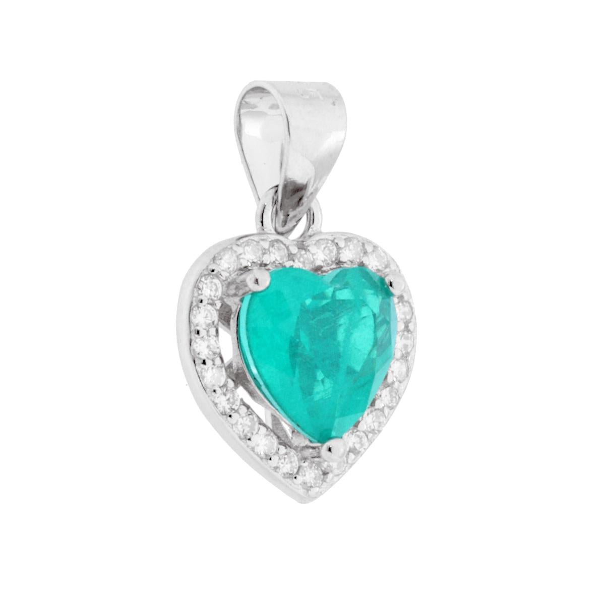 Ciondolo con Pietra Naturale Tormalina Paraiba cuore con cubic zirconia bianchi incastonati intorno.<BR>