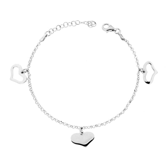 Bracciale Catena Rolo Diamantata con Cuori pendenti in ARGENTO 925 Galvanica Rodio
