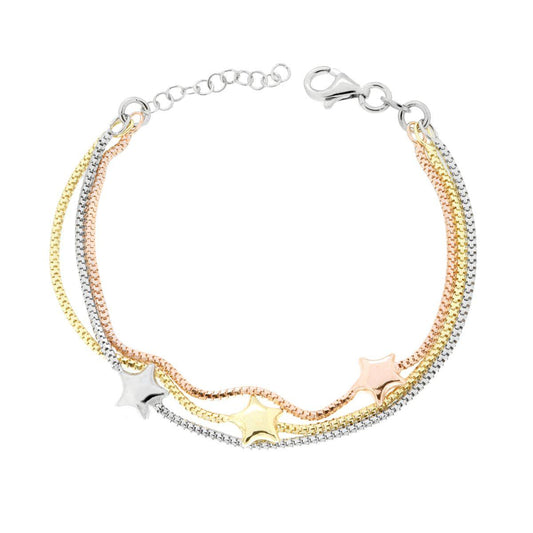 Bracciale tre fili Catena Veneziana Diamantata stondata con Stelle Bombate in ARGENTO 925 Galvanica Oro Rodio e Rosa