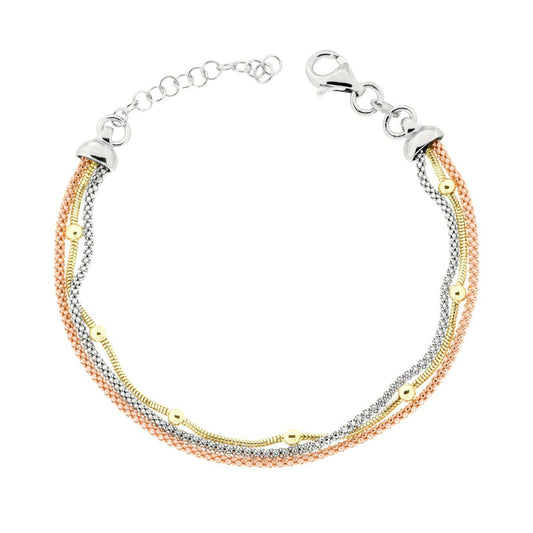 Bracciale tre fili Catena Coreana e Coda di Topo con Palline in ARGENTO 925 Galvanica Rodio Oro e Rosa