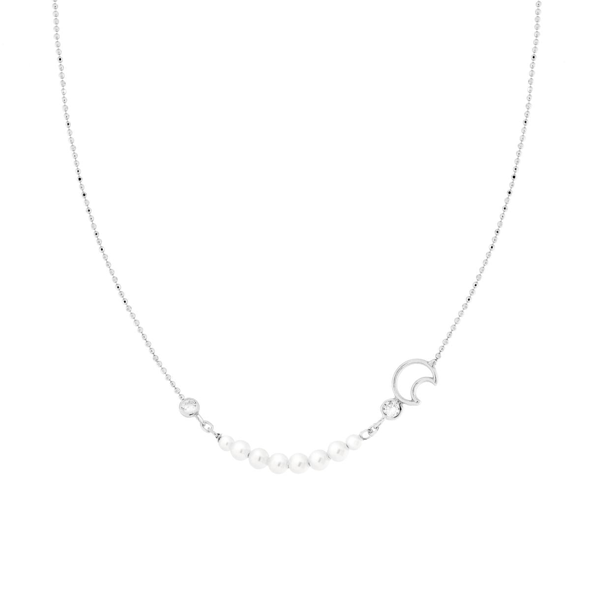Collana Catena Palline Diamantate con Luna Cubic Zirconia Bianchi e Perle in ARGENTO 925 Galvanica Rodio