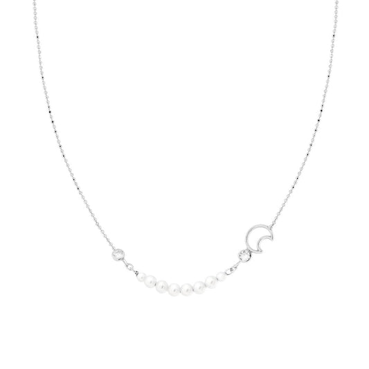 Collana Catena Palline Diamantate con Luna Cubic Zirconia Bianchi e Perle in ARGENTO 925 Galvanica Rodio