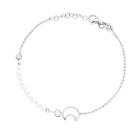 Bracciale Catena Palline Diamantate con Luna Cubic Zirconia Bianchi e Perle in ARGENTO 925 Galvanica Rodio