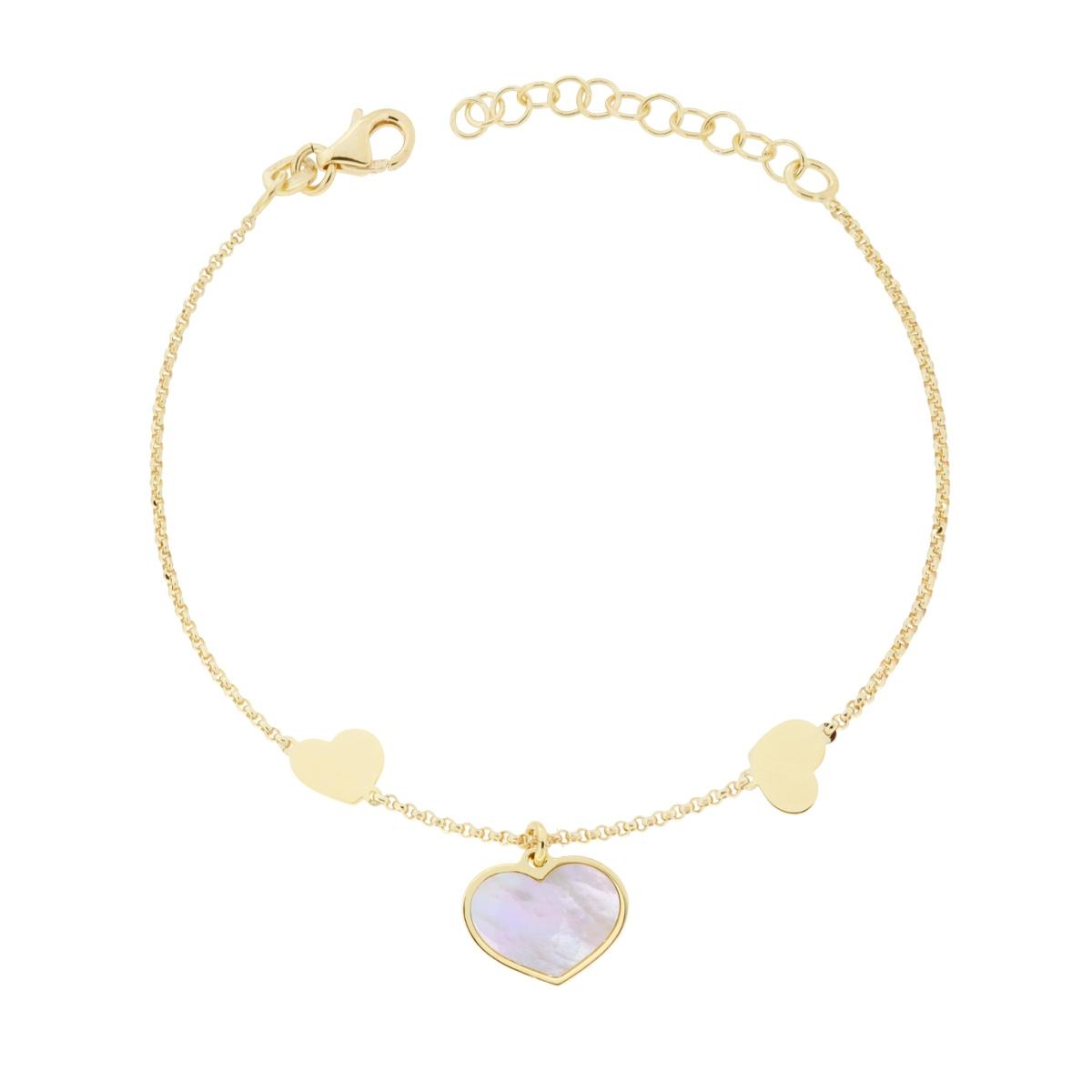 Bracciale Catena Rolo Diamantata con Cuori e Madreperla in ARGENTO 925 Galvanica Oro