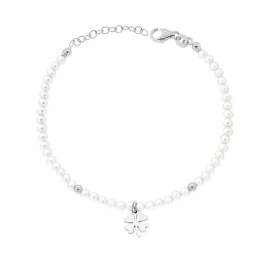 Bracciale Filo Perla Bianca in vetro perlato con Quadrifoglio in ARGENTO 925 Galvanica Rodio
