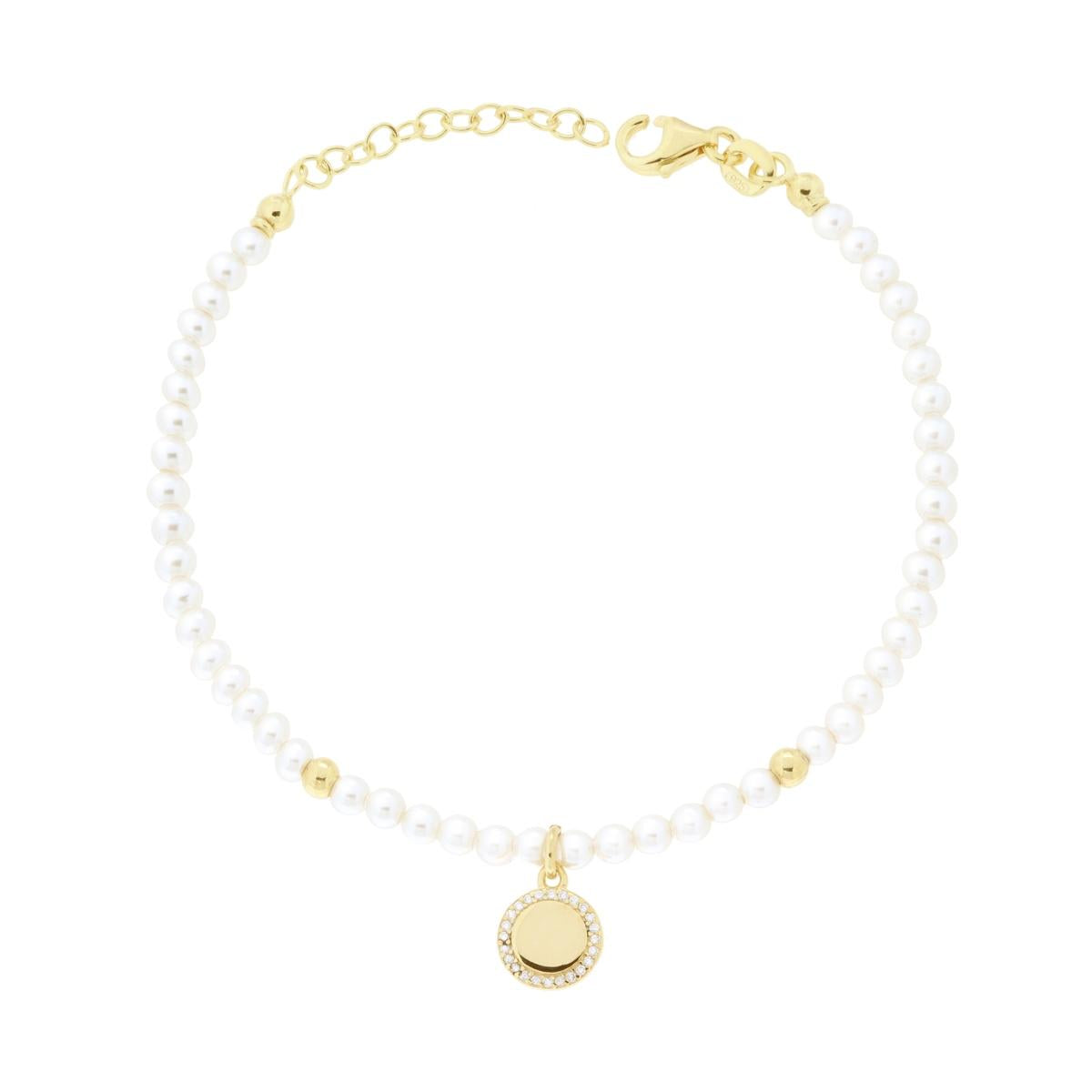 Bracciale Filo Perla Bianca in vetro perlato con Tondo e Cubic Zirconia Bianchi in ARGENTO 925 Galvanica Oro