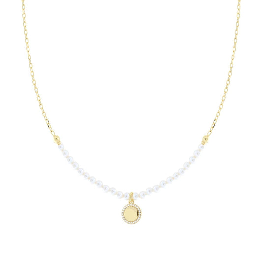 Collana con Catena Forzatina Diamantata e Filo Perla Bianca in vetro perlato con Tondo e Cubic Zirconia Bianchi in ARGENTO 925 Galvanica Oro