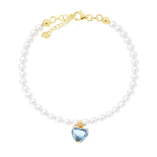 Bracciale Filo Perla con Cuore Cubic Zirconia Acquamarina in ARGENTO 925 Galvanica Oro