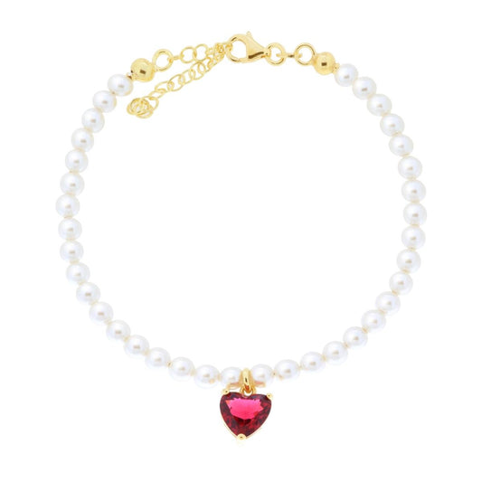 Bracciale Filo Perla con Cuore Cubic Zirconia Rosso Rubino in ARGENTO 925 Galvanica Oro