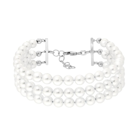 Bracciale tre fili Perla Bianca mm 6 in vetro perlato in ARGENTO 925 Galvanica Rodio