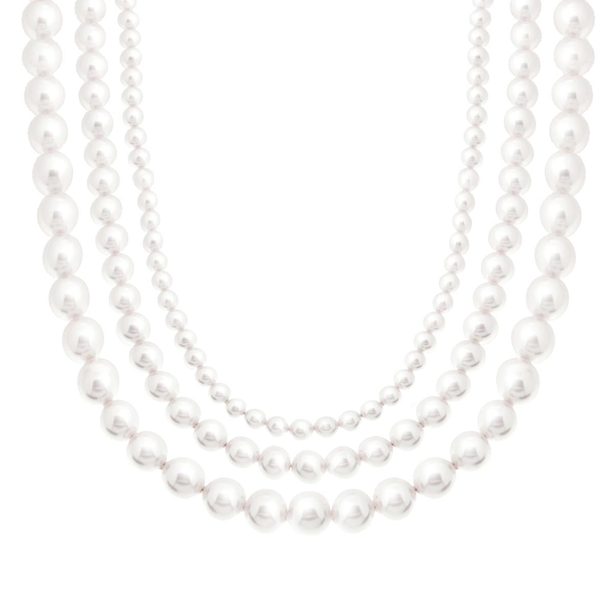 Collana tre fili Perla Bianca mm 4/6/8 in vetro perlato in ARGENTO 925 Galvanica Rodio