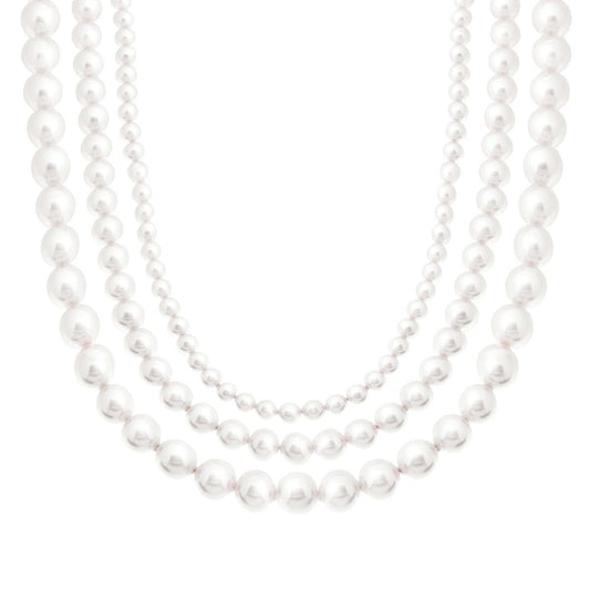 Collana tre fili Perla Bianca mm 4/6/8 in vetro perlato in ARGENTO 925 Galvanica Rodio