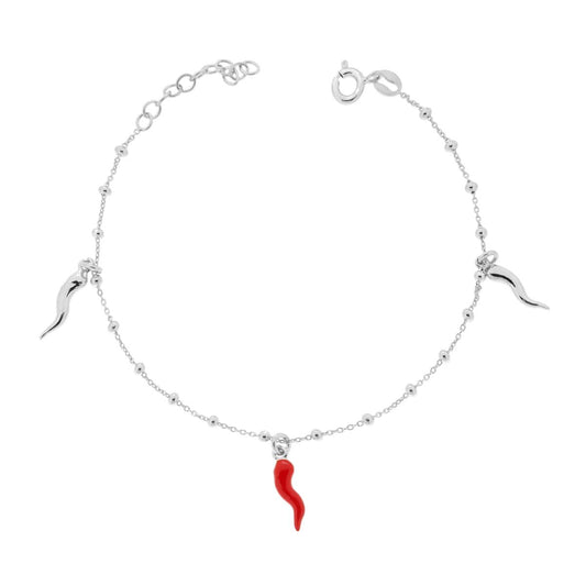 Bracciale Catena Forzatina Diamantata con Palline Corni Smalto Rosso pendenti in ARGENTO 925 Galvanica Rodio