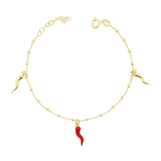 Bracciale Catena Forzatina Diamantata con Palline Corni Smalto Rosso pendenti in ARGENTO 925 Galvanica Oro