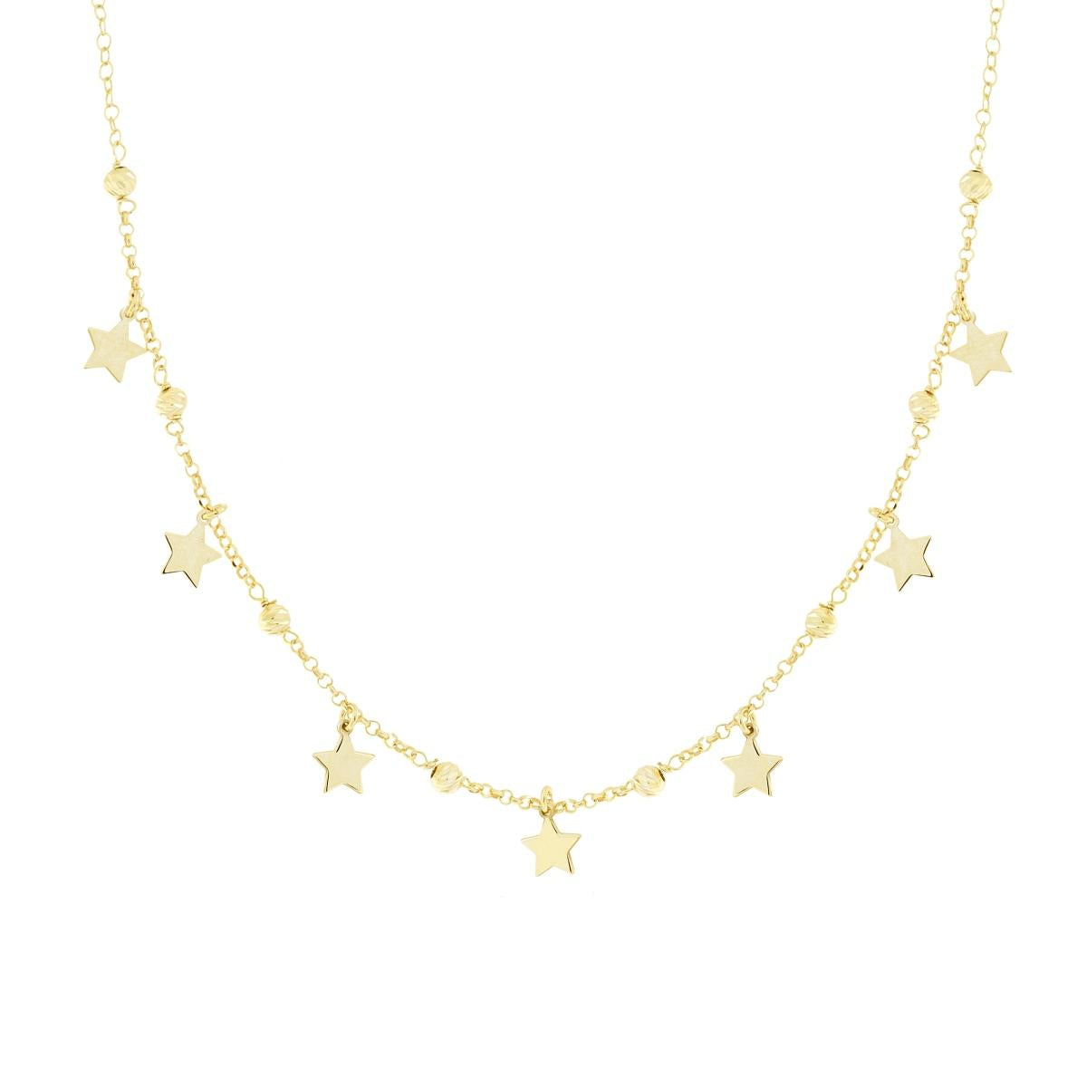 Collana Catena Rolo con Palline Diamantate e Stelle plain pendenti in ARGENTO 925 Galvanica Oro