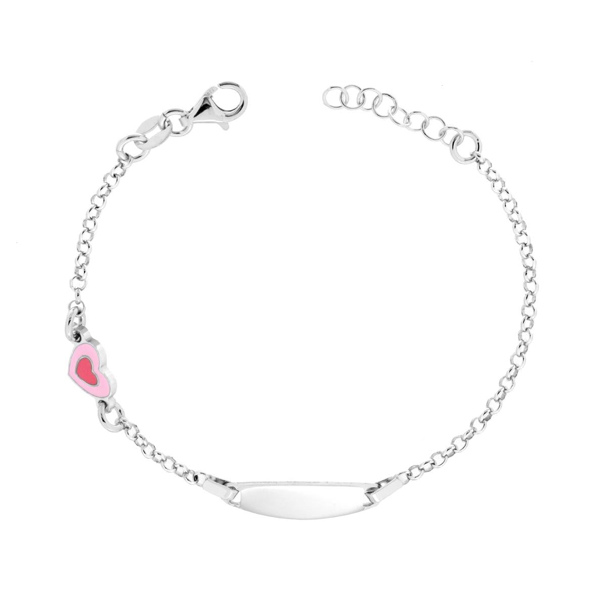Bracciale Bimbo Bimba Targa Ovale con Catena Rolo Diamantata e Cuore smalto Rosa e Fucsia in ARGENTO 925 Galvanica Rodio