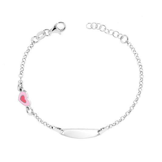 Bracciale Bimbo Bimba Targa Ovale con Catena Rolo Diamantata e Cuore smalto Rosa e Fucsia in ARGENTO 925 Galvanica Rodio