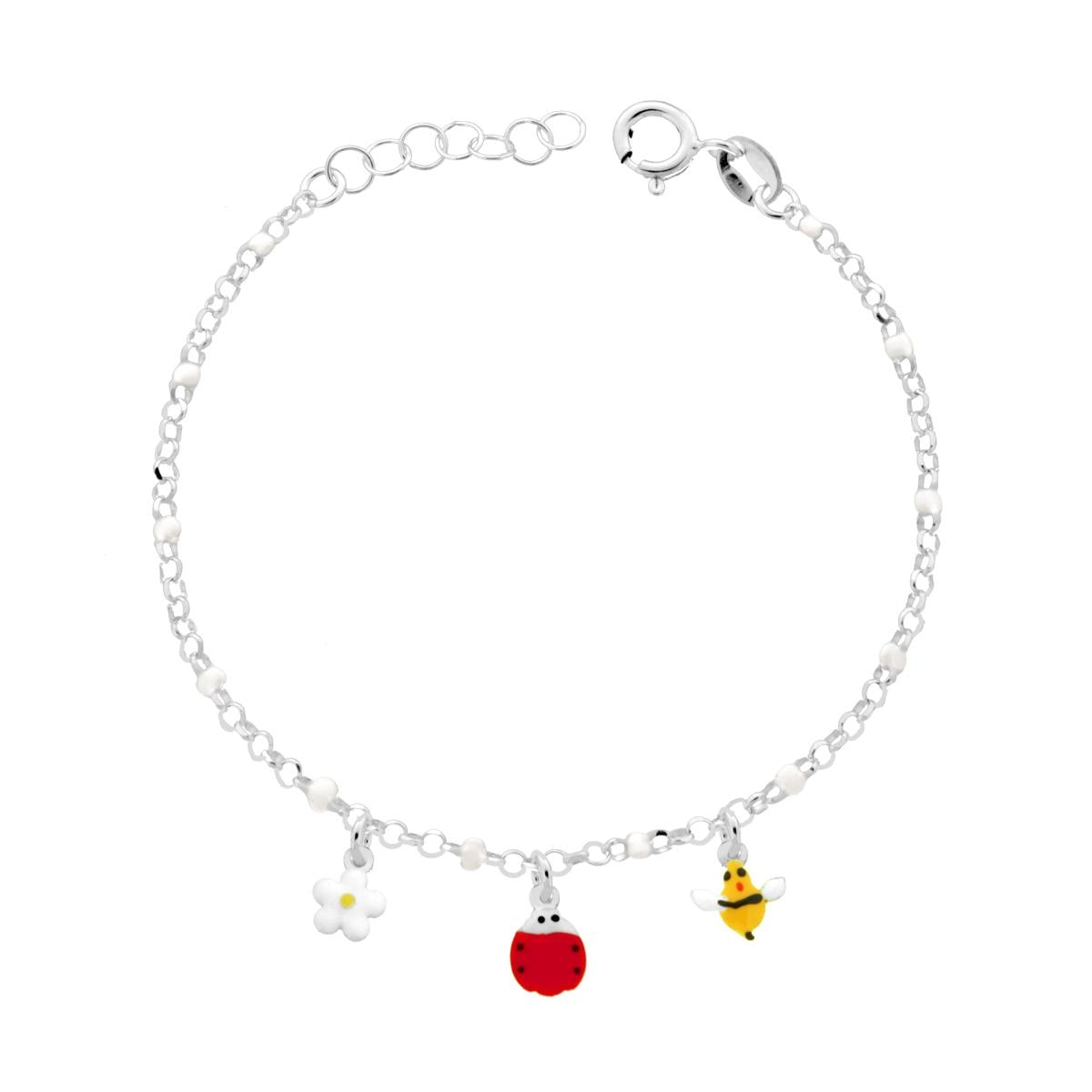 Bracciale Bimbo Bimba Catena Rolo Diamantata con Ape Coccinella e Fiore smalto Multicolor in ARGENTO 925