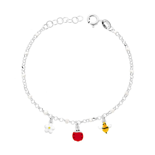 Bracciale Bimbo Bimba Catena Rolo Diamantata con Ape Coccinella e Fiore smalto Multicolor in ARGENTO 925