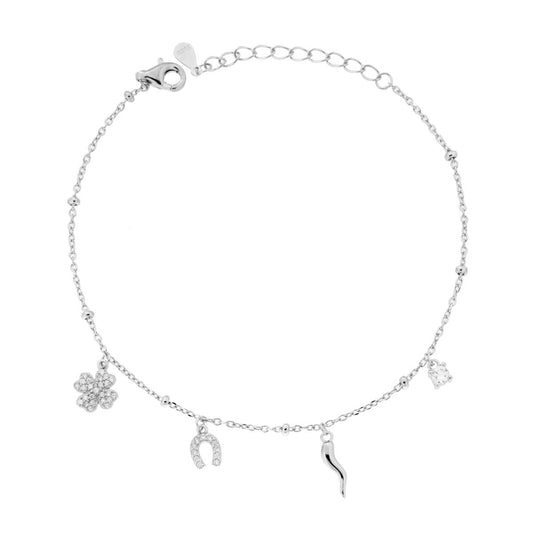 Bracciale Catena Forzatina Diamantata con Corno Ferro di Cavallo e Quadrifoglio con Cubic Zirconia Bianchi in ARGENTO 925 Galvanica Rodio