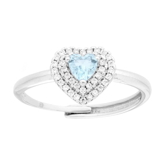 Anello Solitario con Cuore Cubic Zirconia Acquamarina e Bianchi in ARGENTO 925 Galvanica Rodio