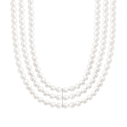 Collana Girocollo tre fili Perla Bianca mm 6 in vetro perlato in ARGENTO 925 Galvanica Rodio