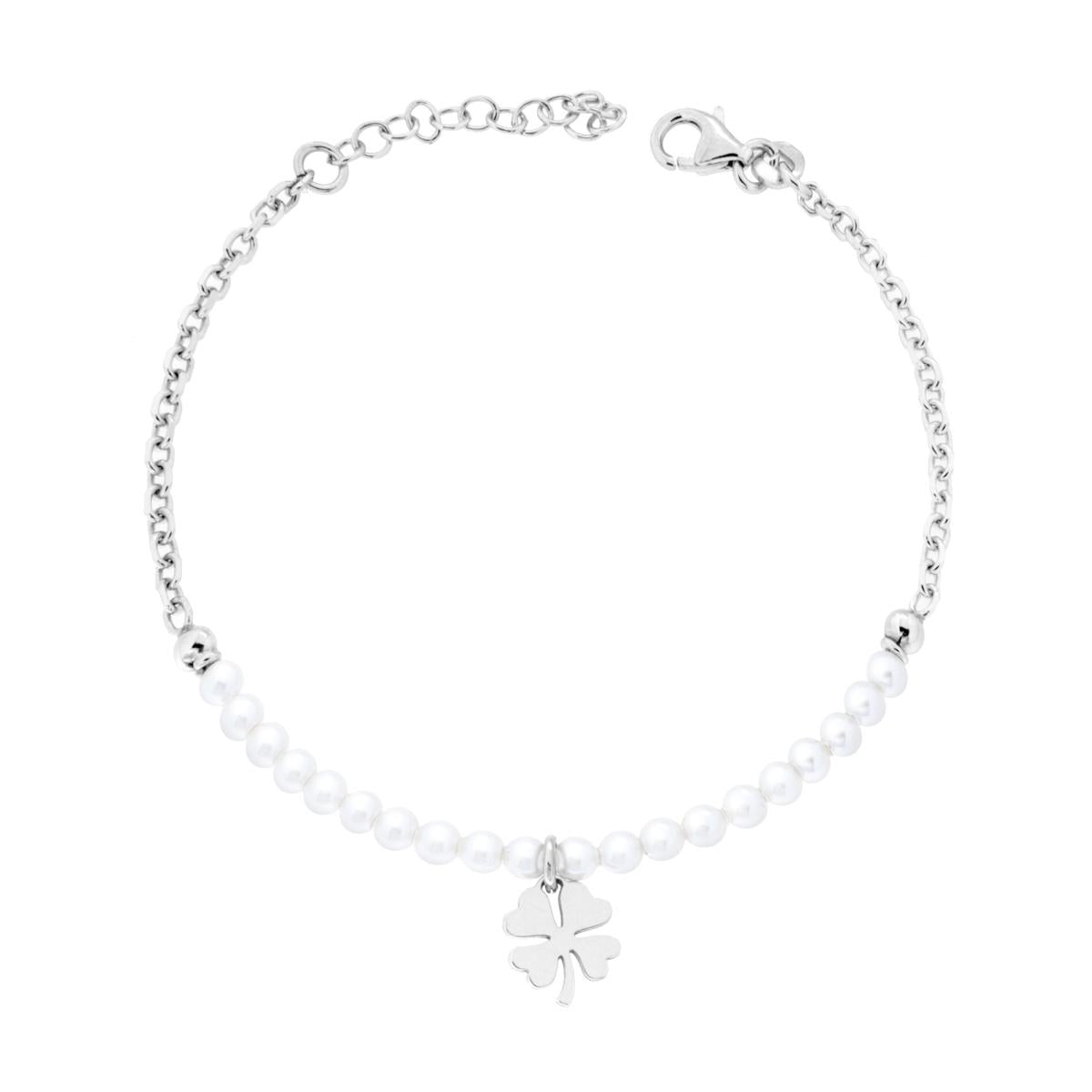Bracciale Catena Forzatina Diamantata e Filo Perla Bianca in vetro perlato con Quadrifoglio in ARGENTO 925 Galvanica Rodio