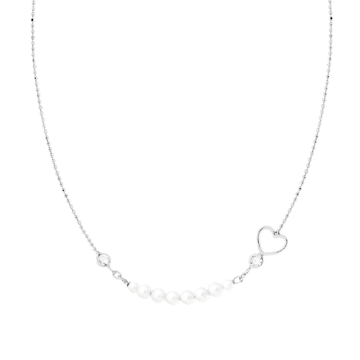 Collana con Catena Palline Diamantate con Cuore Cubic Zirconia Bianchi e Perle in ARGENTO 925 Galvanica Rodio
