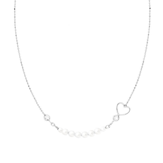 Collana con Catena Palline Diamantate con Cuore Cubic Zirconia Bianchi e Perle in ARGENTO 925 Galvanica Rodio