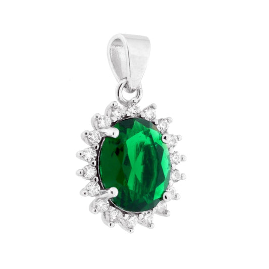 Ciondolo di forma ovale colore verde smeraldo con cubic zirconia bianchi incastonati intorno.