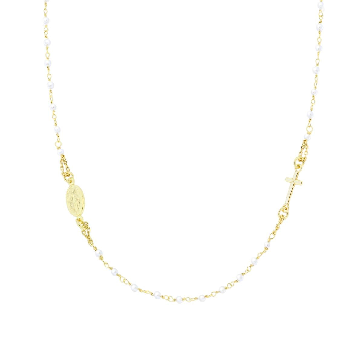 Collana Rosario modello Girocollo cm 50 con Grani Perla mm 2.2 con Croce in ARGENTO 925 Galvanica Oro