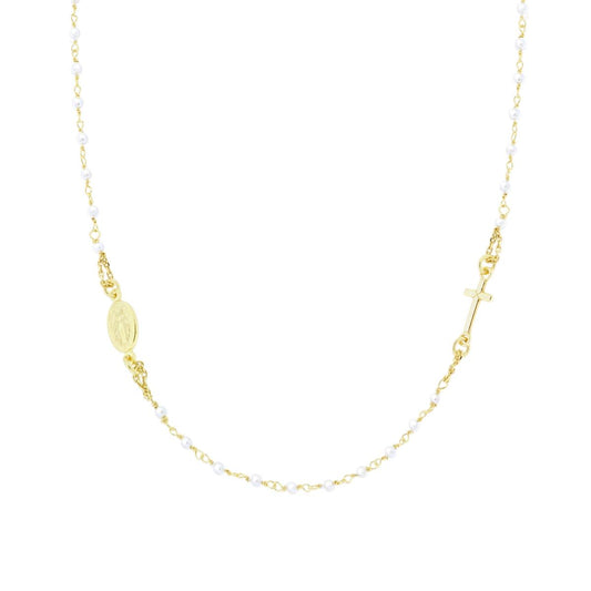 Collana Rosario modello Girocollo cm 50 con Grani Perla mm 2.2 con Croce in ARGENTO 925 Galvanica Oro