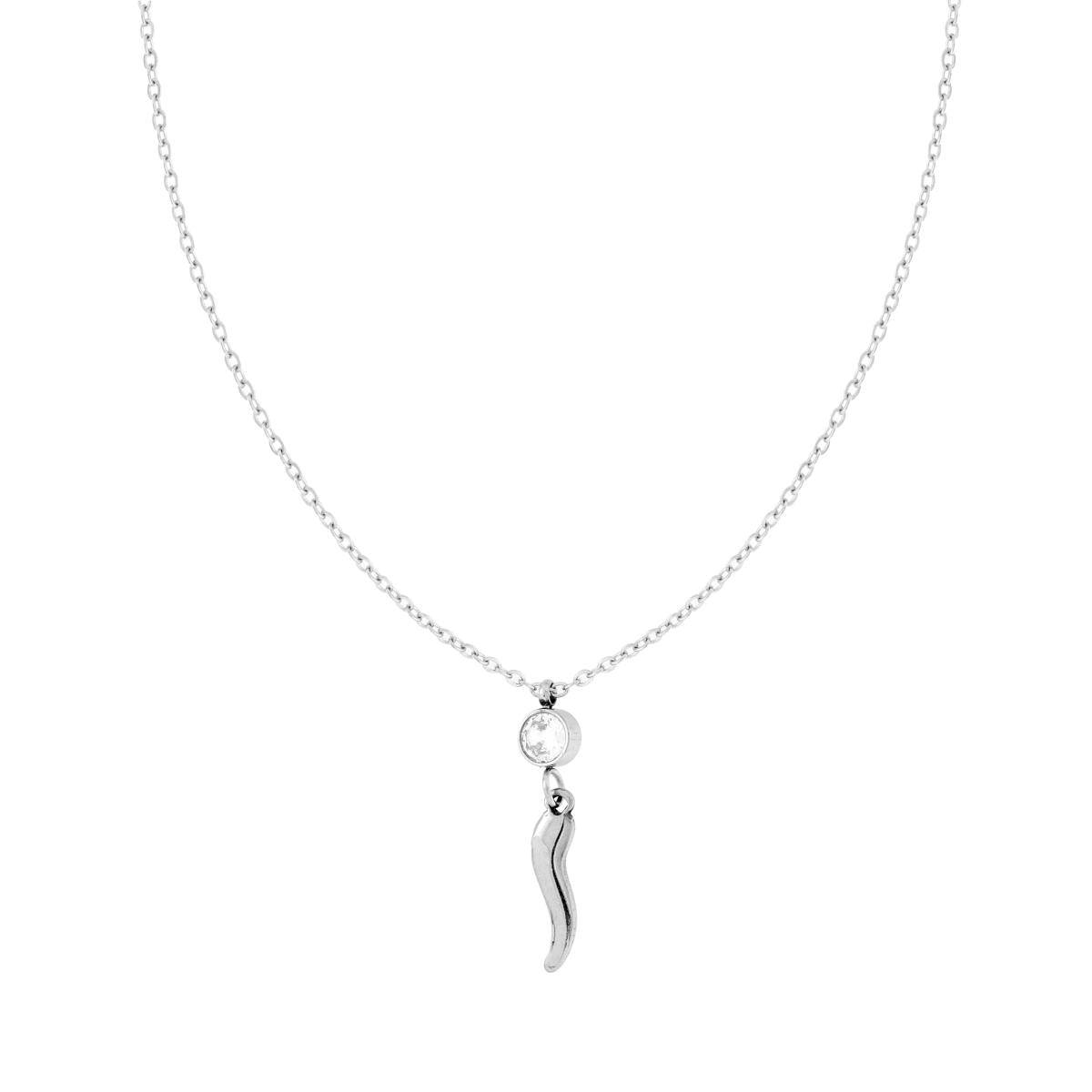 Collana Catena Forzatina Diamantata con Punto Luce Crystal Bianco e Corno in ACCIAIO